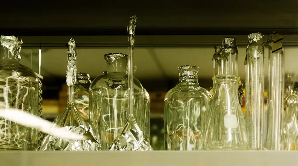Cluster of empty borosilicate laboratory glassware on a shelf with foil over some openings.