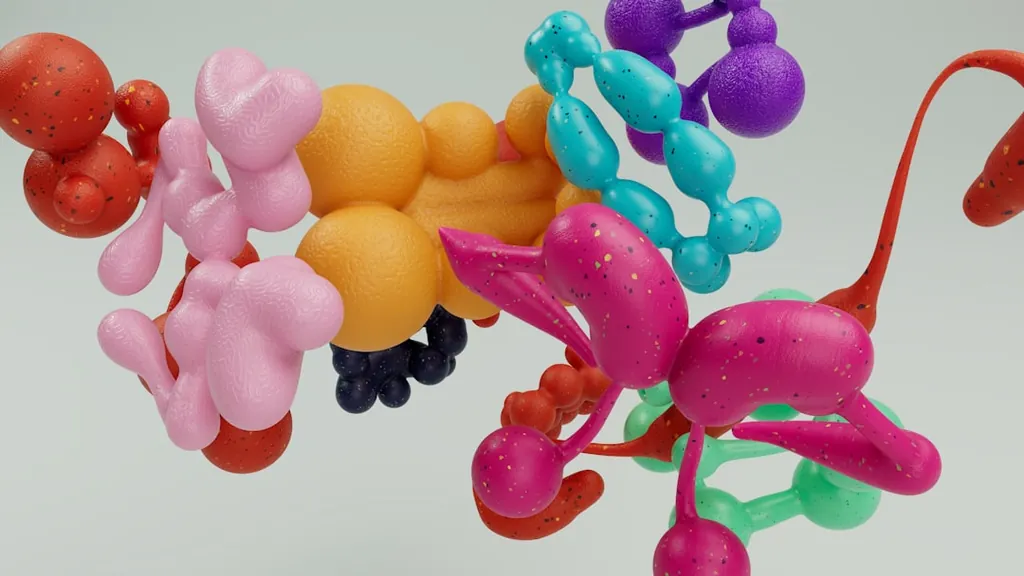 Stylized 3D rendering of a multi-colored ball-and-stick molecular model on a neutral background.