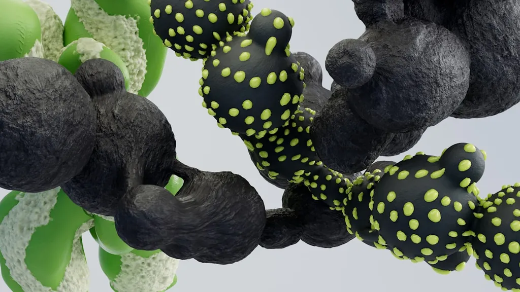 Stylized 3D rendering of a chain of dark grey lobed shapes spotted with chartreuse, twisting through pale green and white forms — an abstract impression of a peptide backbone.