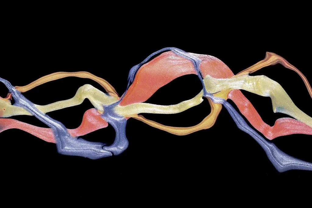 Stylized 3D ribbon sculpture in salmon, pale blue, and yellow tones on a black background — an abstract impression of secondary-structure ribbons winding around one another.